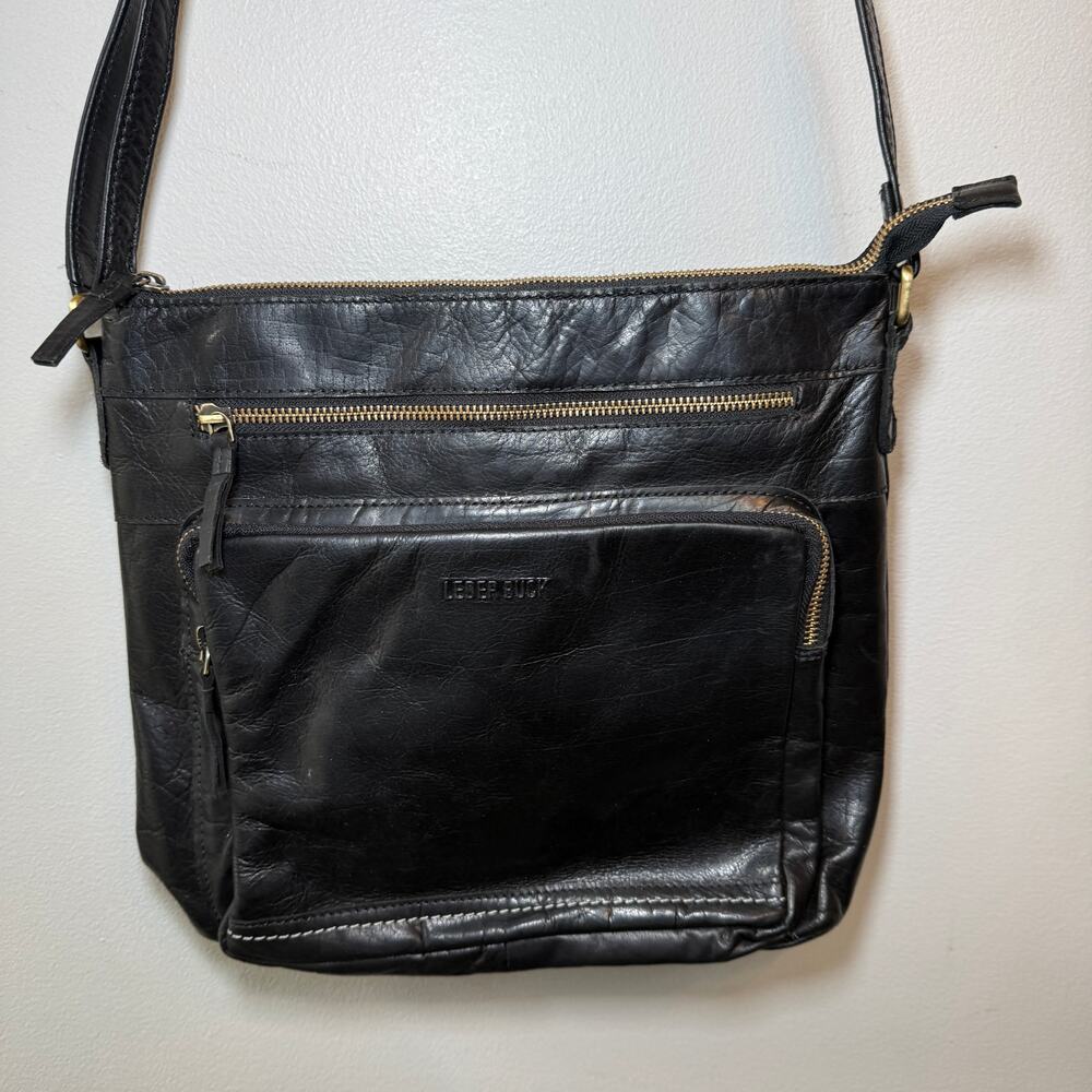 Leder Buck Women's Genuine Leather Zip Crossbody Bag Purse Black